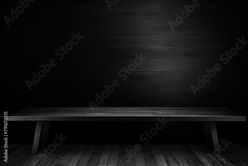 Black background with a wooden table, product display template. black background with a wood floor. Black and white photo of an empty room
