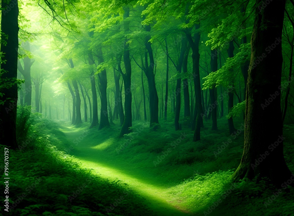 Obraz premium Very beautiful green forest in the morning light