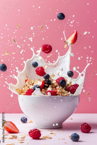 bowl of cereal with milk splashing and berries flying around, plain bright background. morning granola breakfast with blueberries, raspberries and strawberries
