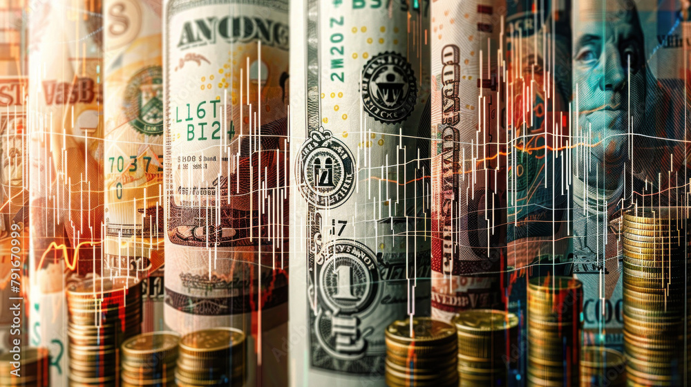 Background collage of stack of coins with dollar bills and financial chart, stock market trading concept, banner Background collage of stack of coins with dollar bills and financial chart, stock market trading concept, banner