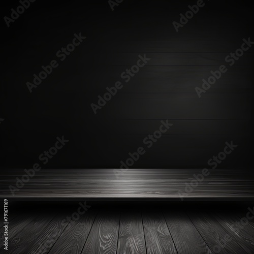 Black background with a wooden table  product display template. black background with a wood floor. Black and white photo of an empty room