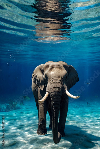 Generative Ai illustration of african elephant swimming blue underwater. Big elephant in ocean with reflections on water surface. Animal wildlife concept. Cartoon illustration. Copy ad text space