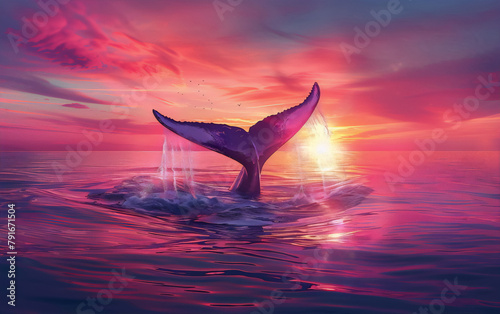 A majestic pink whale tail breaches the water's surface at sunset in a vibrant display of nature's beauty and power. © AdnanArif