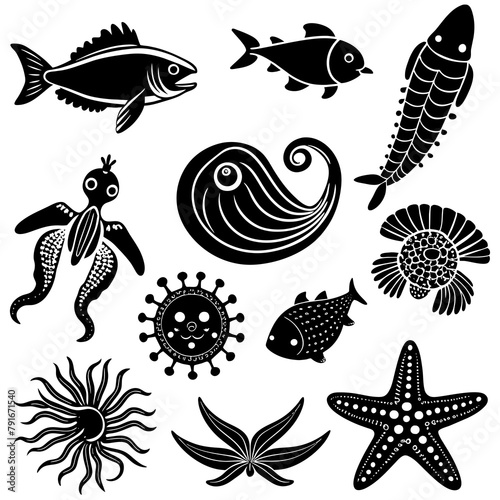 set of sea animals vector silhouette 