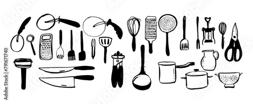 Set of kitchen tools doodles. Hand drawn kitchen equipments. Vector illustration on white background. Vector illustration for restaurant menu, recipe book, and wallpaper.