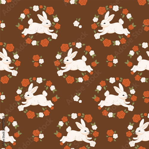 Seamless pattern with cute white bunnies and roses. Vector graphics. © Екатерина Зирина