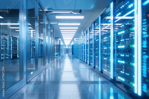 Futuristic server room interior with blue lights and shiny floor in data center, technology background