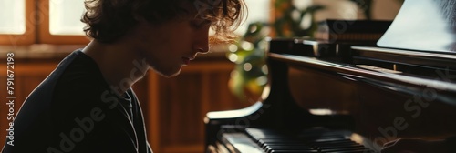 Intimate scene of a pianist practicing pieces on a grand piano in a softly lit room photo