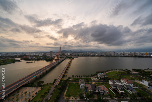 City scape of Da Nang with Nguyen Van Troi Bridge in Vietnam at dusk