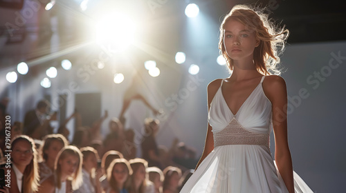 Beautiful Top Model Strutting Fashion Week in White Dress photo