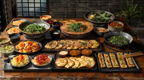 a table set with a beautiful assortment of Jeon, showcasing various savory pancakes with different fillings.