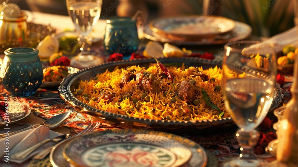 a table set with a colorful arrangement of Biryani, showcasing layers of rice, meat, and aromatic spices. a table set with a colorful arrangement of Biryani, showcasing layers of rice, meat, and aromatic spices.