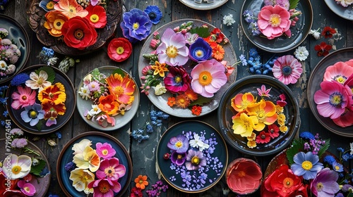  a table set with a colorful array of Hwajeon, traditional flower pancakes, made with sweet rice flour and edible flowers.