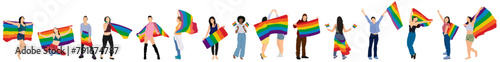 people group holding rainbow flag lgbt pride festival concept mix race gays lesbians crowd celebrating love parade standing together full length flat horizontal