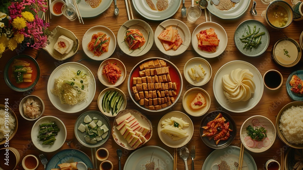 a table set with a variety of Banchan, showcasing an array of small side dishes like Kimchi, Japchae, and pickled radishes. a table set with a variety of Banchan, showcasing an array of small side dishes like Kimchi, Japchae, and pickled radishes.