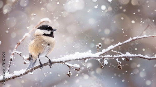 Dainty chickadee perched on a snowy branch, its tiny frame a stark contrast against the winter landscape. © balqees