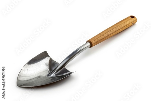 A simple wooden handle shovel on a white background. Ideal for gardening or construction projects
