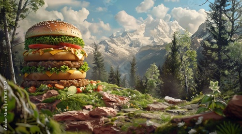 Un énorme hamburger avec des montagnes en arrière-plan, photo publicitaire réaliste dans un style cinématographique.