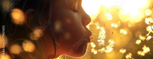 Silhouette d'une enfant soufflant sur une fleur de pissenlit, avec des rayons dorés et des effets bokeh en arrière-plan.