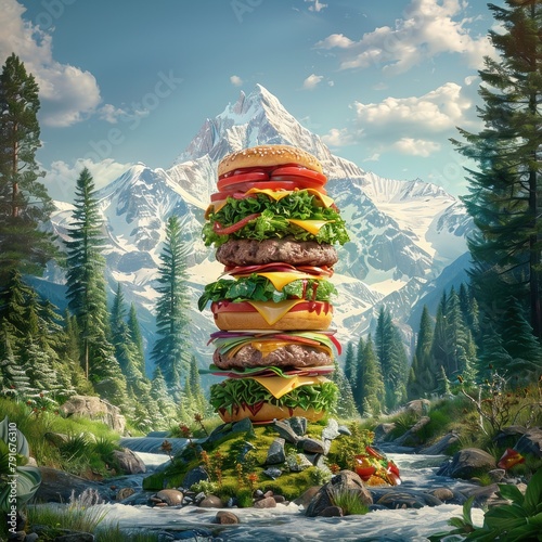 Un gigantesque hamburger avec des montagnes en arrière-plan, photo publicitaire réaliste dans un style cinématographique. photo