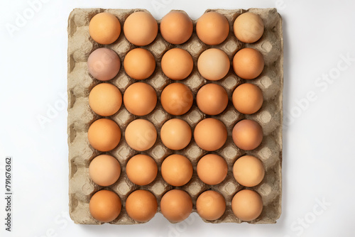 Eggs in paper tray isolated on white. Close-up of raw chicken eggs in a paper tray. A group of fresh white eggs in a paper carton. Top view