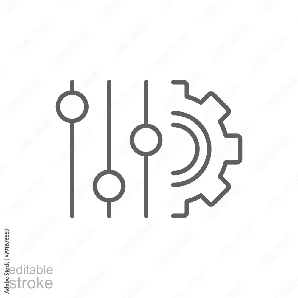 Panel settings icon. Simple outline style. Equalizer options, preferences, work, gear, tool, cogwheel, cog, level, technology concept. Thin line symbol. Vector illustration isolated. Editable stroke. Panel settings icon. Simple outline style. Equalizer options, preferences, work, gear, tool, cogwheel, cog, level, technology concept. Thin line symbol. Vector illustration isolated. Editable stroke.