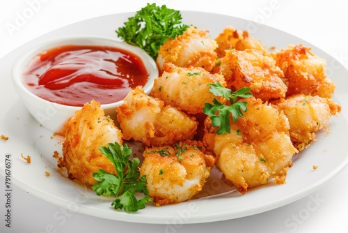 A white plate with fried shrimp and ketchup, perfect for food concepts