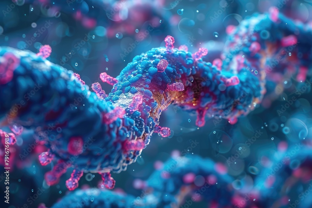 A 3D rendering of a virus with a blue body and pink spikes. A 3D rendering of a virus with a blue body and pink spikes.
