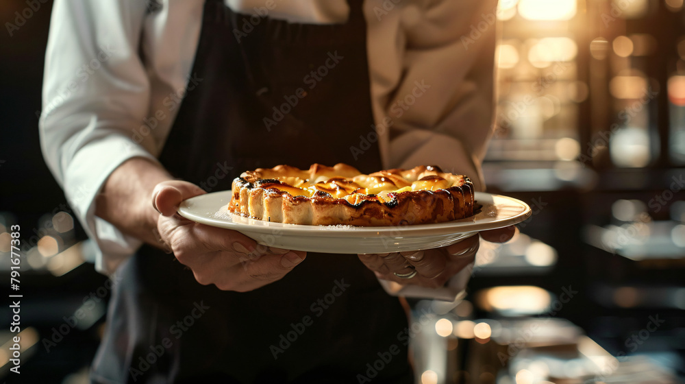 A waiter holds a plate with a pie struck by strong sun
