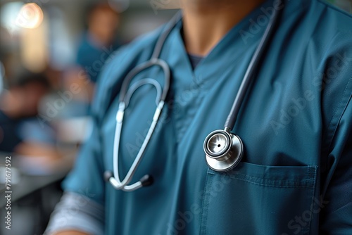 A doctor in blue scrubs with a stethoscope around their neck. photo