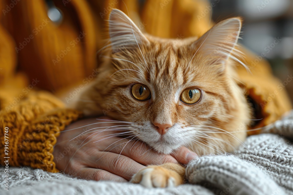 A ginger cat is lying on a blanket. The cat has its paw on the hand of a person. The cat is looking at the camera.