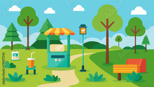 A designated park area with a tool sharing kiosk allowing neighbors to easily pick up and return items while enjoying the outdoors.