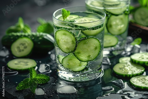 A glass of water with cucumber slices and mint leaves on a black background.