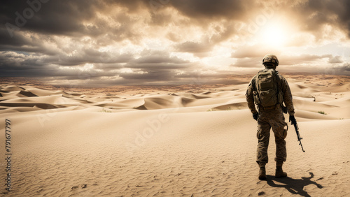 soldiers in rear view against a sunny desert backdrop perform a combat mission