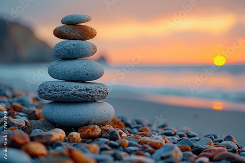 A stack of smooth, round stones balanced on a beach at sunset.