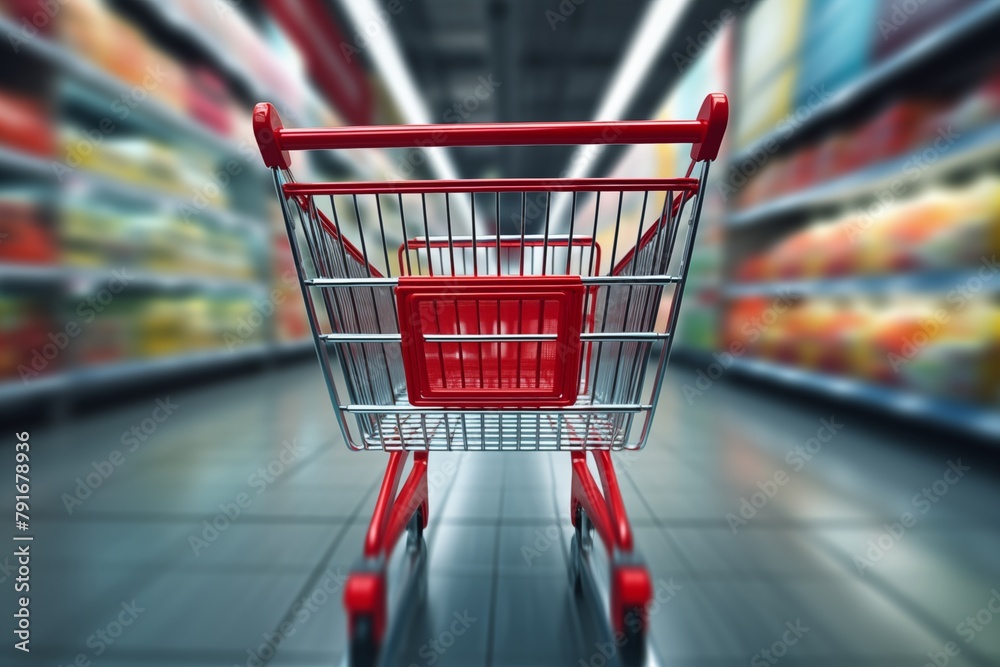 A red shopping cart moving at high speed in the supermarket A red shopping cart moving at high speed in the supermarket