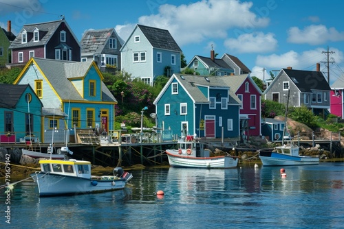 A charming seaside town with colorful houses lining the harbor and fishing boats in the water.