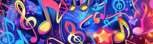 Vibrant, abstract background of assorted musical notes and symbols in a dynamic, colorful explosion, creating a sense of rhythm