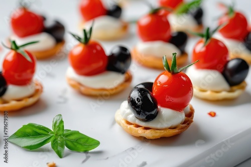 A tray of small appetizers with tomatoes and olives. Perfect for catering events