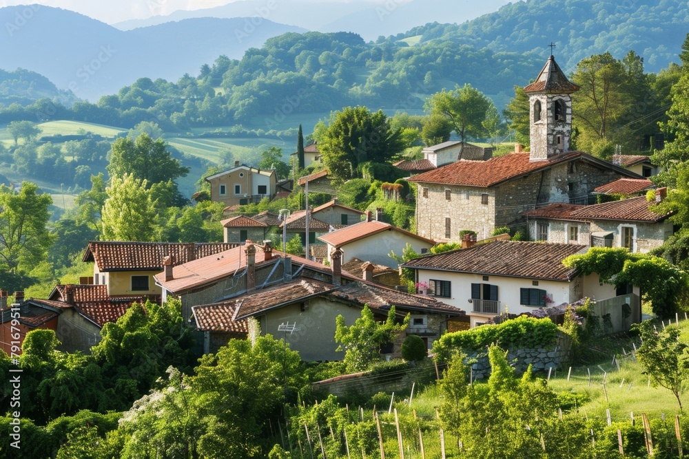 Charming country village nestled among hills There are old stone houses and church steeples. Charming country village nestled among hills There are old stone houses and church steeples.