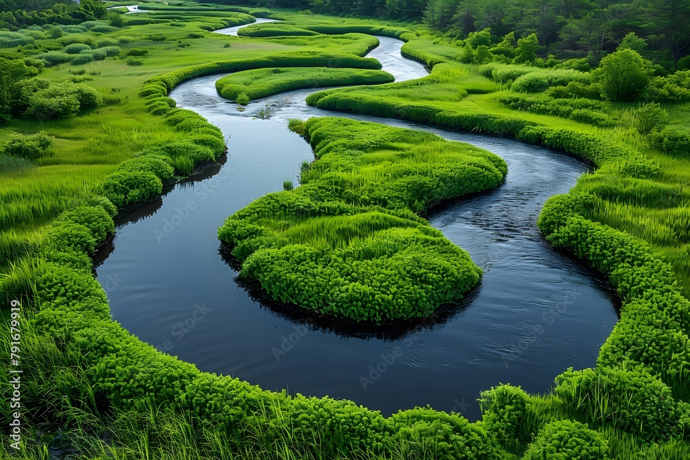 River Flowing Through Lush Green Field. Generative AI River Flowing Through Lush Green Field. Generative AI