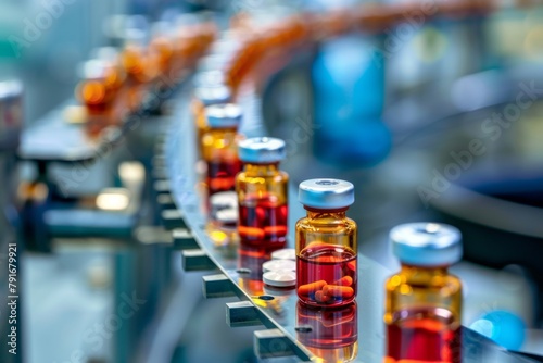 Jars with vaccine on the production line of a pharmaceutical company
