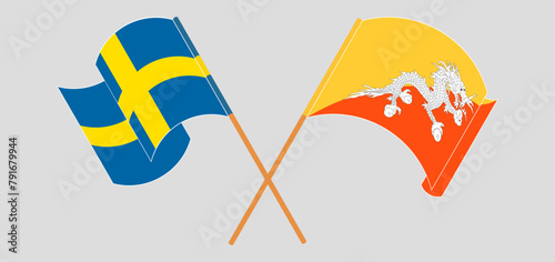 Crossed flags of Sweden and Bhutan. Official colors. Correct proportion