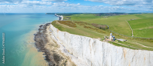 Seven sisters, Belle Tout Lighthouse, famous tourism location and world heritage in south England, Spring outdoor, aerial view photo