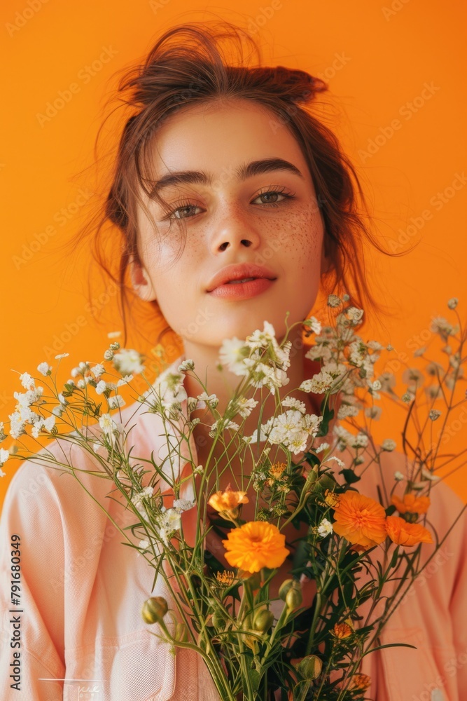 Fototapeta premium A woman holding a bouquet of flowers in front of an orange wall. Perfect for lifestyle or floral-themed designs