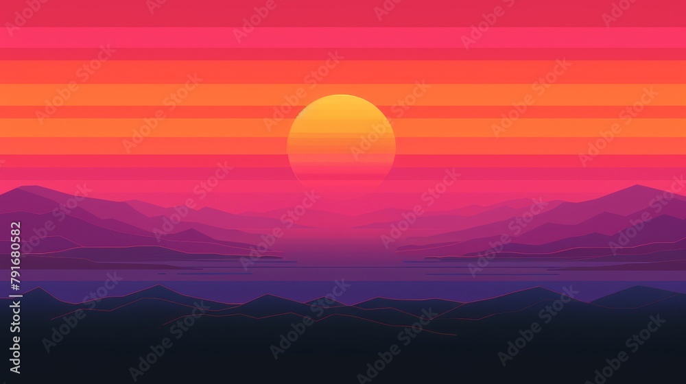 Vibrant Sunset Over Mountainous Landscape With Tranquil Lake