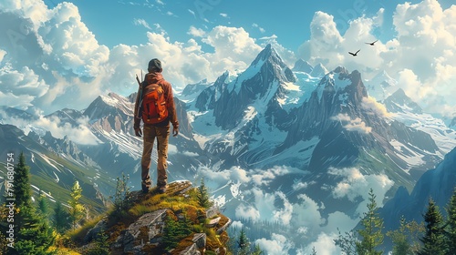 Young cartoon backpacker admiring the view from a mountain peak, eagle flying overhead photo