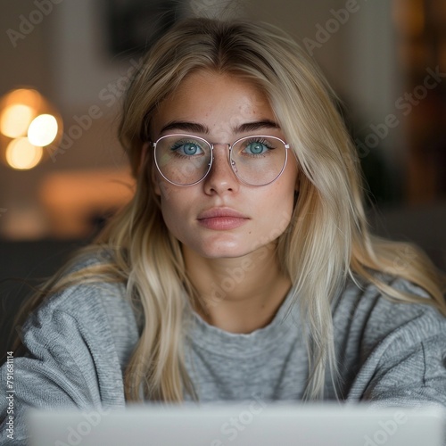 Eine Studentin sitzt vor einem Laptop. Sie hat blonde Haare, eine Brille und trägt ein graues Oberteil   photo