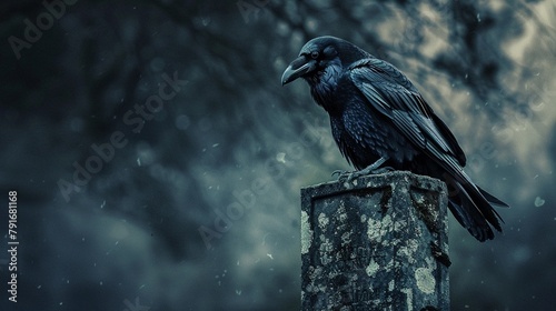 Enigmatic raven perched on a weathered gravestone, its dark feathers gleaming in the pale light of the moon.