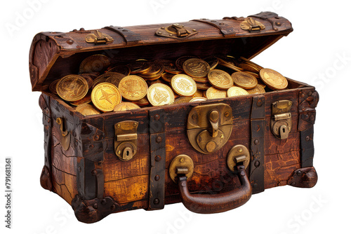 A box filled with gold coins. Open chest with jewelry. Accumulated wealth. Found treasure isolated on white background